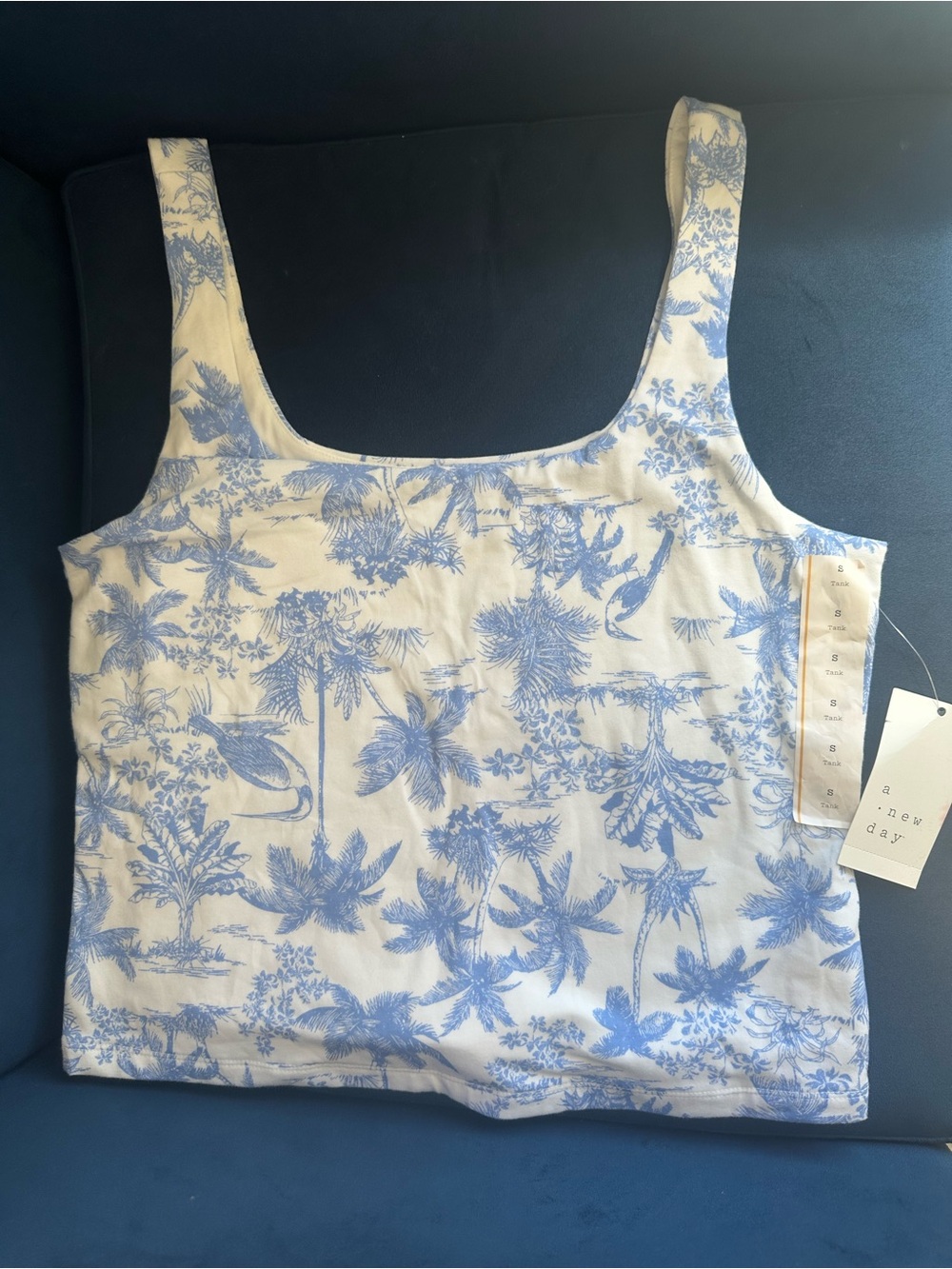 A New Day Blue Toile Sculpt Square Tank Top Size S NWT